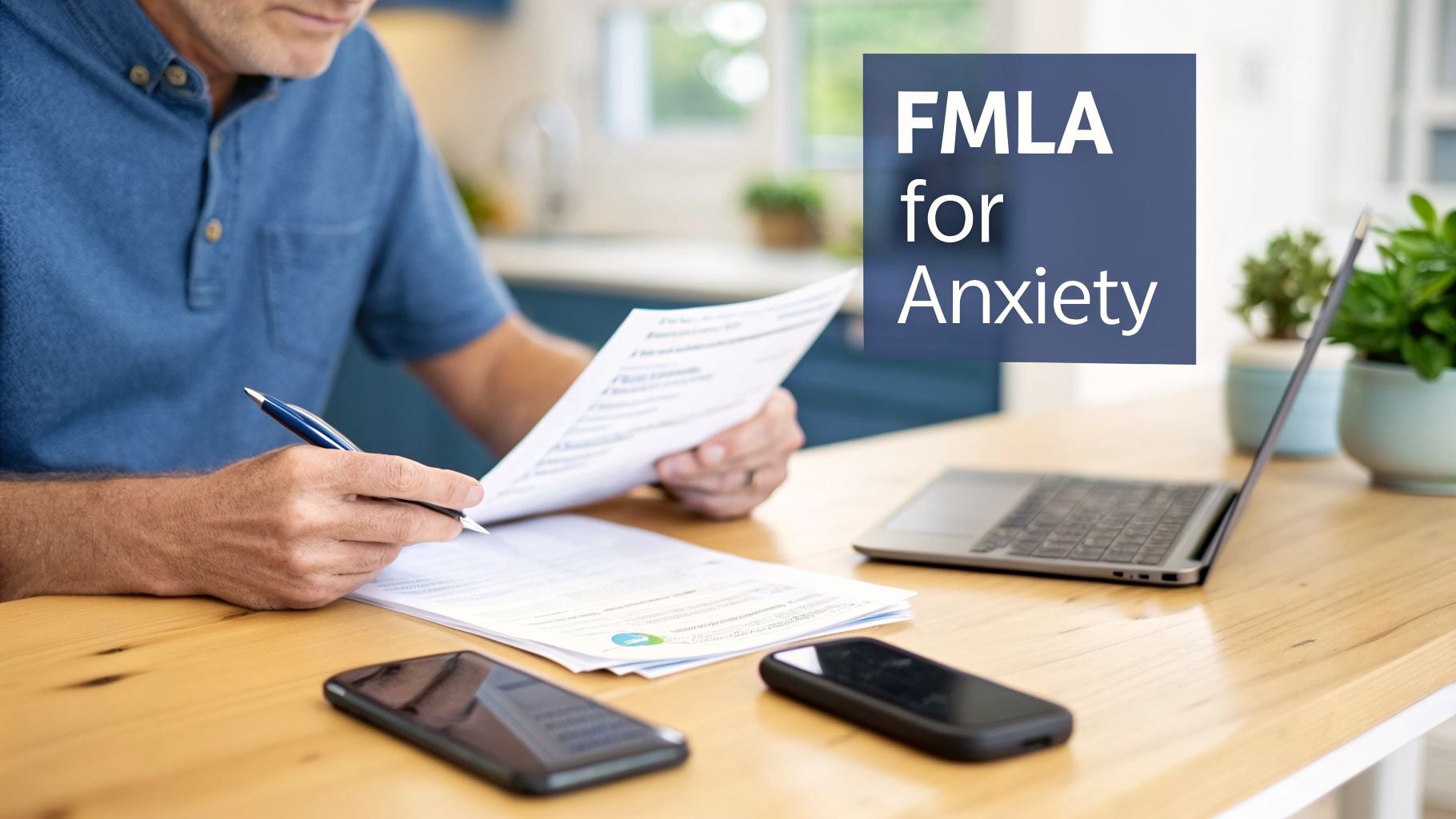 Man reviewing FMLA documents for anxiety, with a pen, laptop, and phones on a wooden desk.