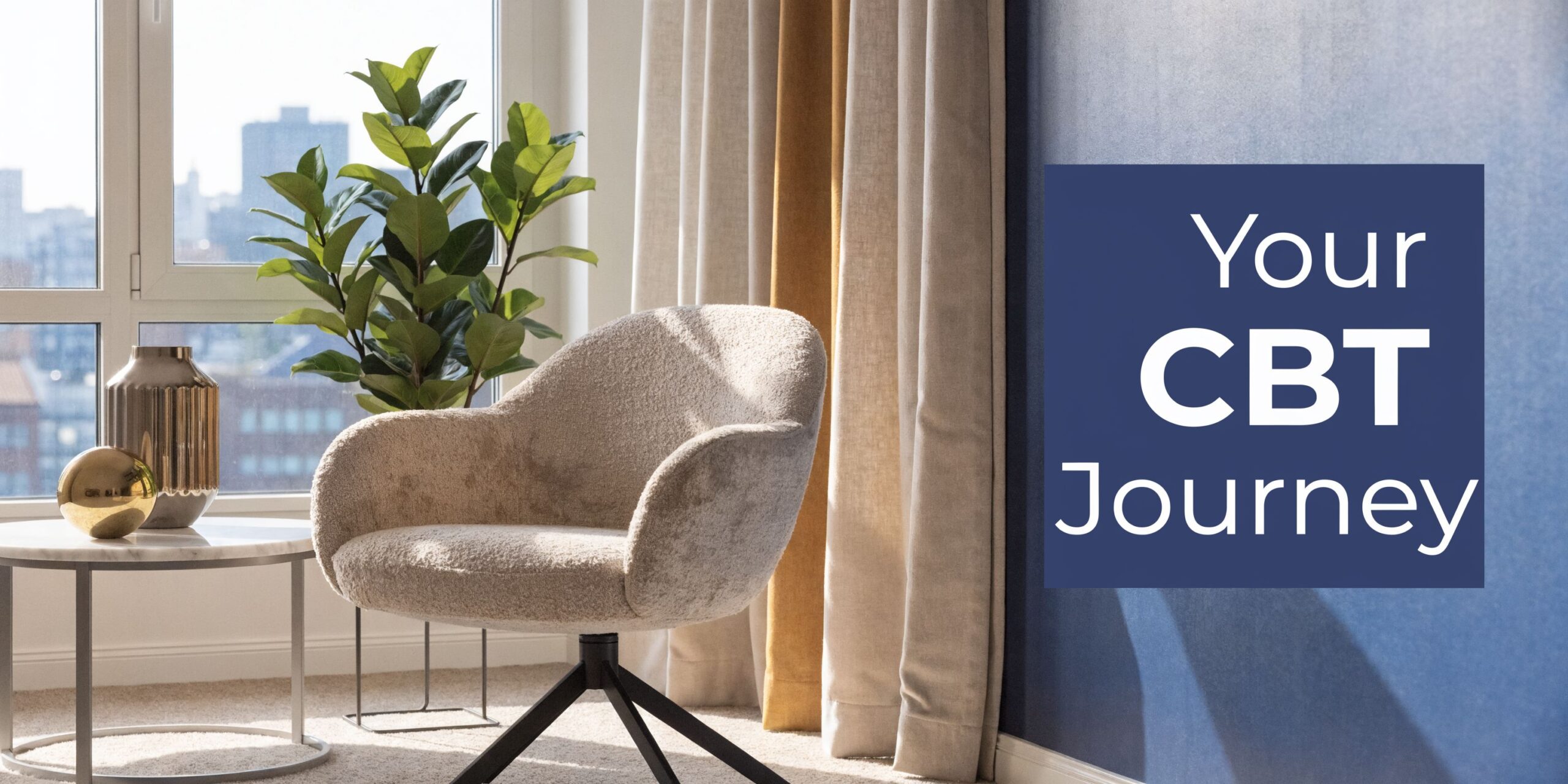 A cozy, sunlit reading corner with a comfortable beige chair, a small side table, and a houseplant.