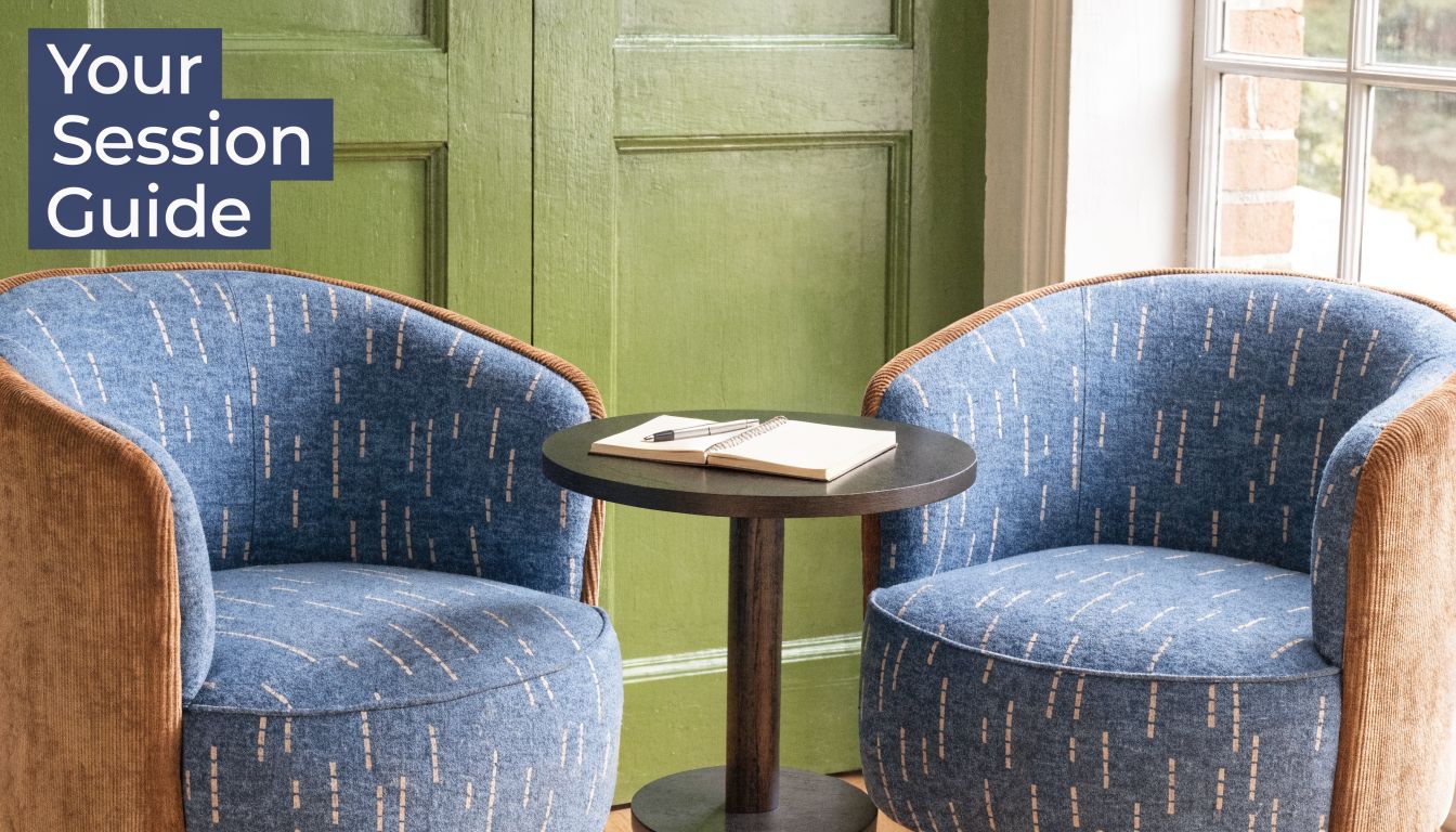 Two comfortable blue patterned armchairs arranged around a small wooden table with an open notebook and pen.
