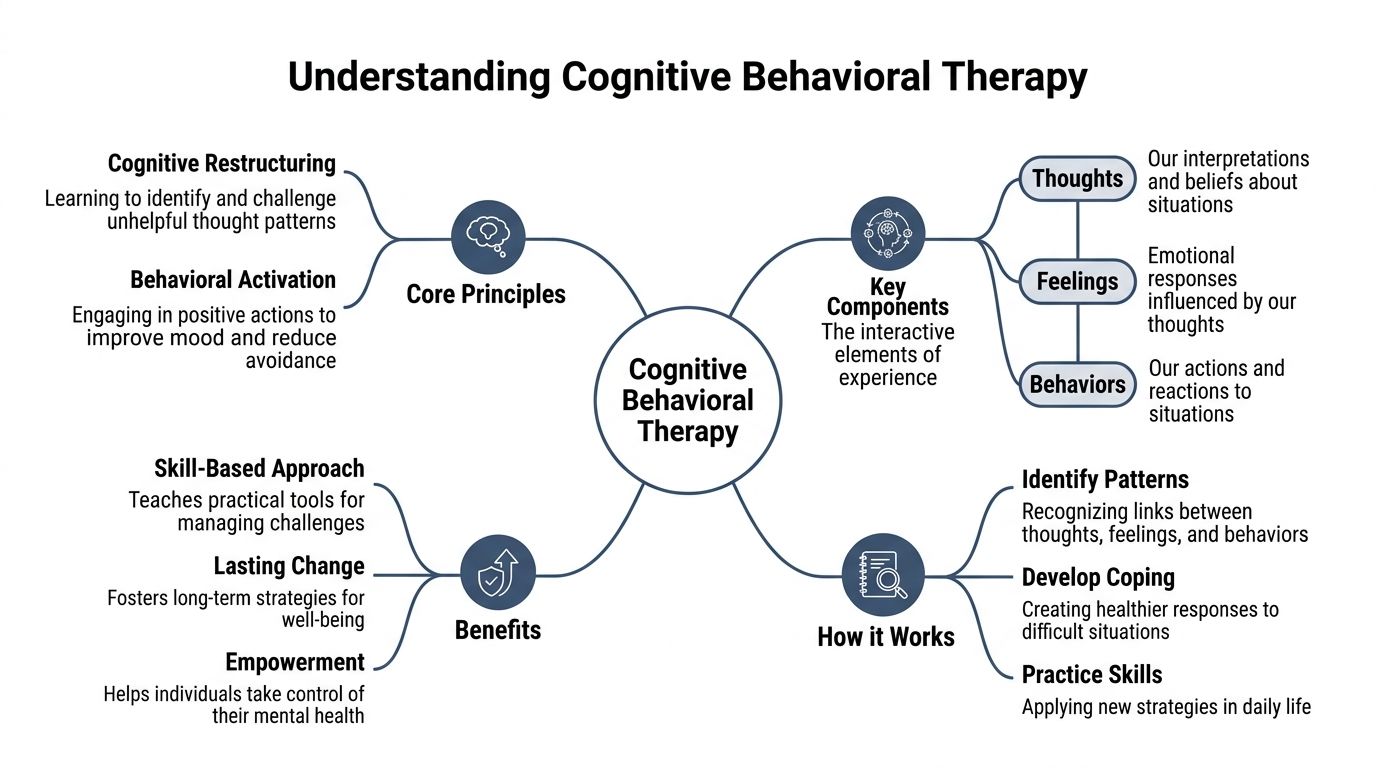 A mind map illustrating the core principles, key components, benefits, and working mechanisms of Cognitive Behavioral Therapy.