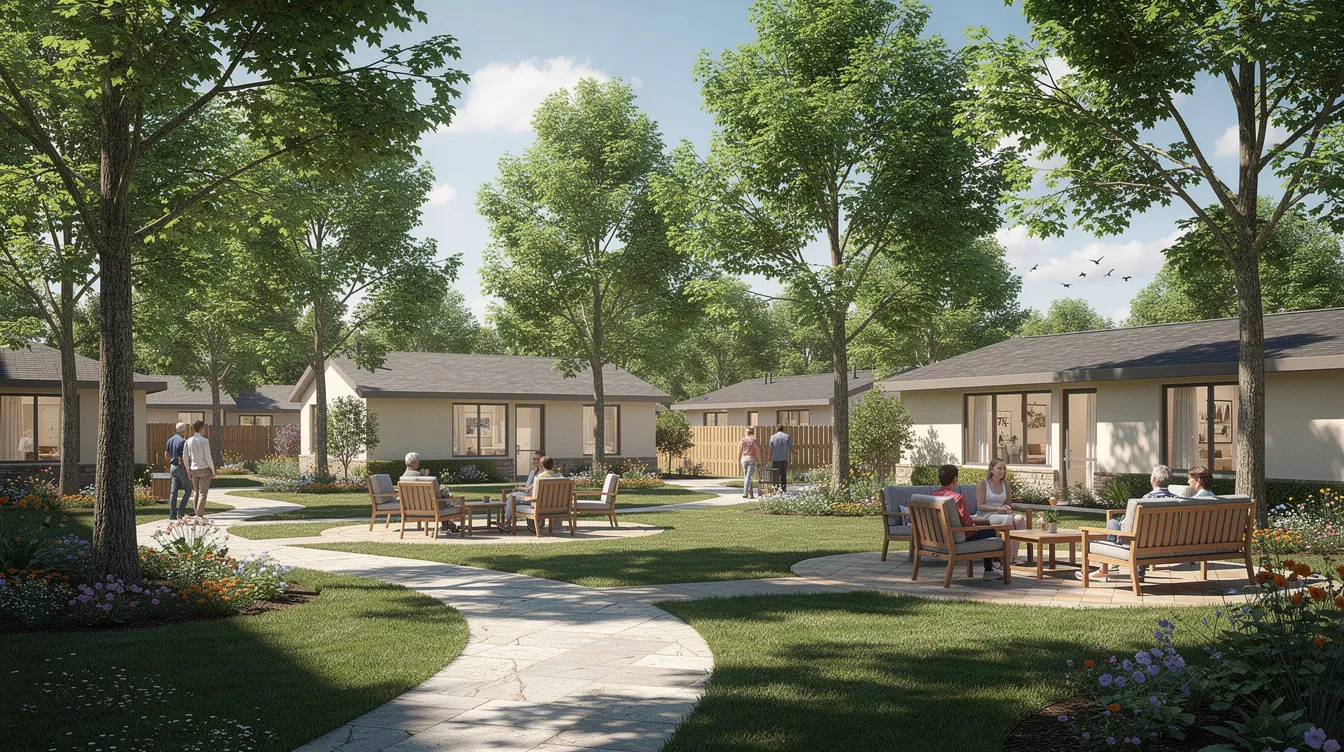 The image depicts a serene residential mental health facility, featuring walking paths and outdoor seating areas nestled among lush trees, creating a calming environment for patients seeking recovery from mental health conditions and substance use disorders. This tranquil setting supports therapeutic activities and promotes healing in a compassionate community.