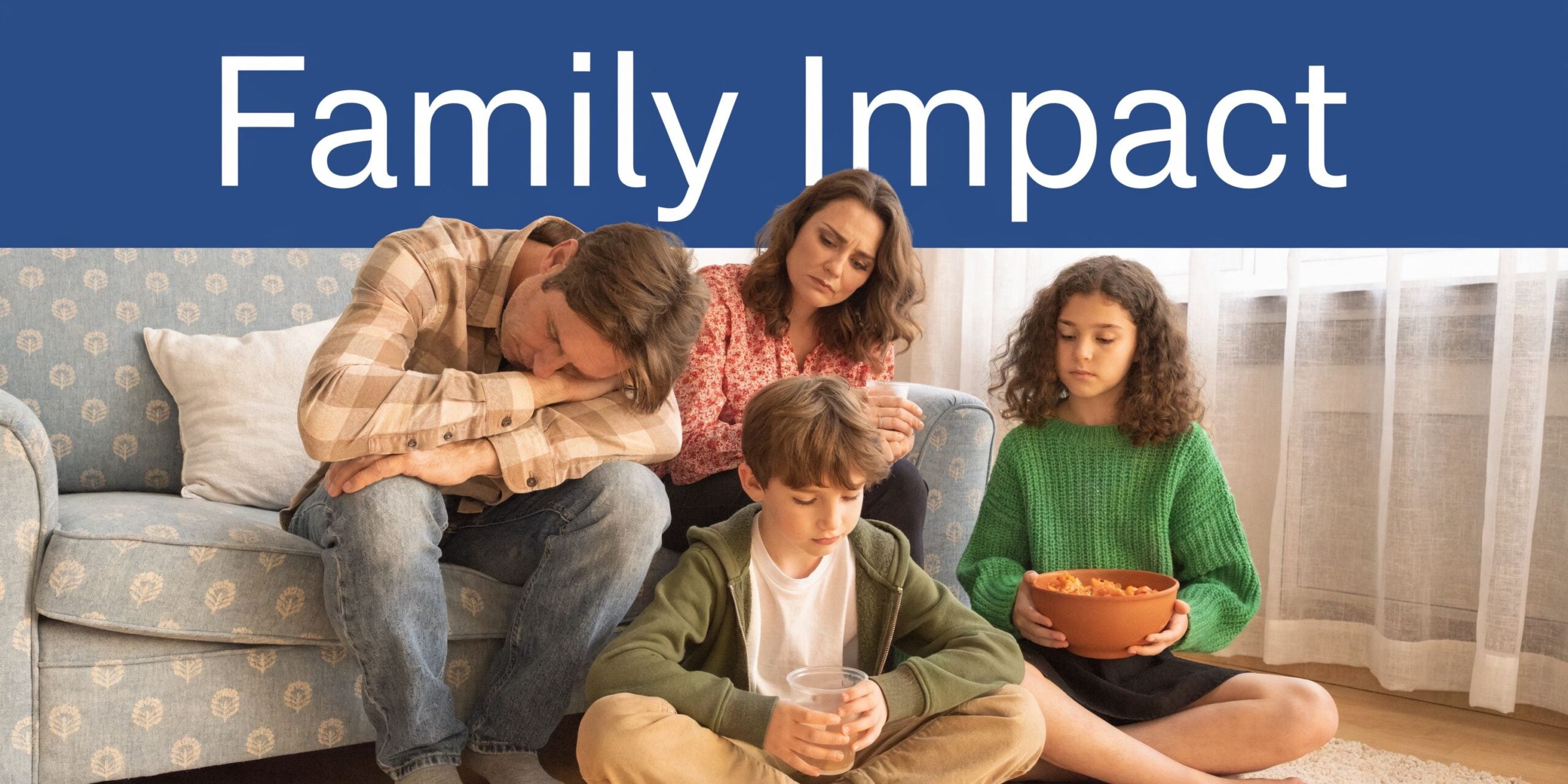 A concerned family sitting together in a living room, reflecting on the emotional challenges of relationship struggles.