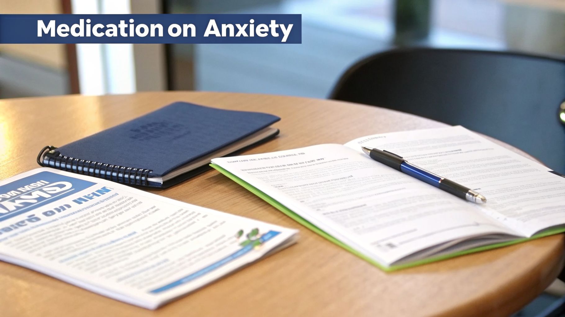 An open book, a notebook, and a pen on a wooden table, with a banner reading 'Medication on Anxiety'.