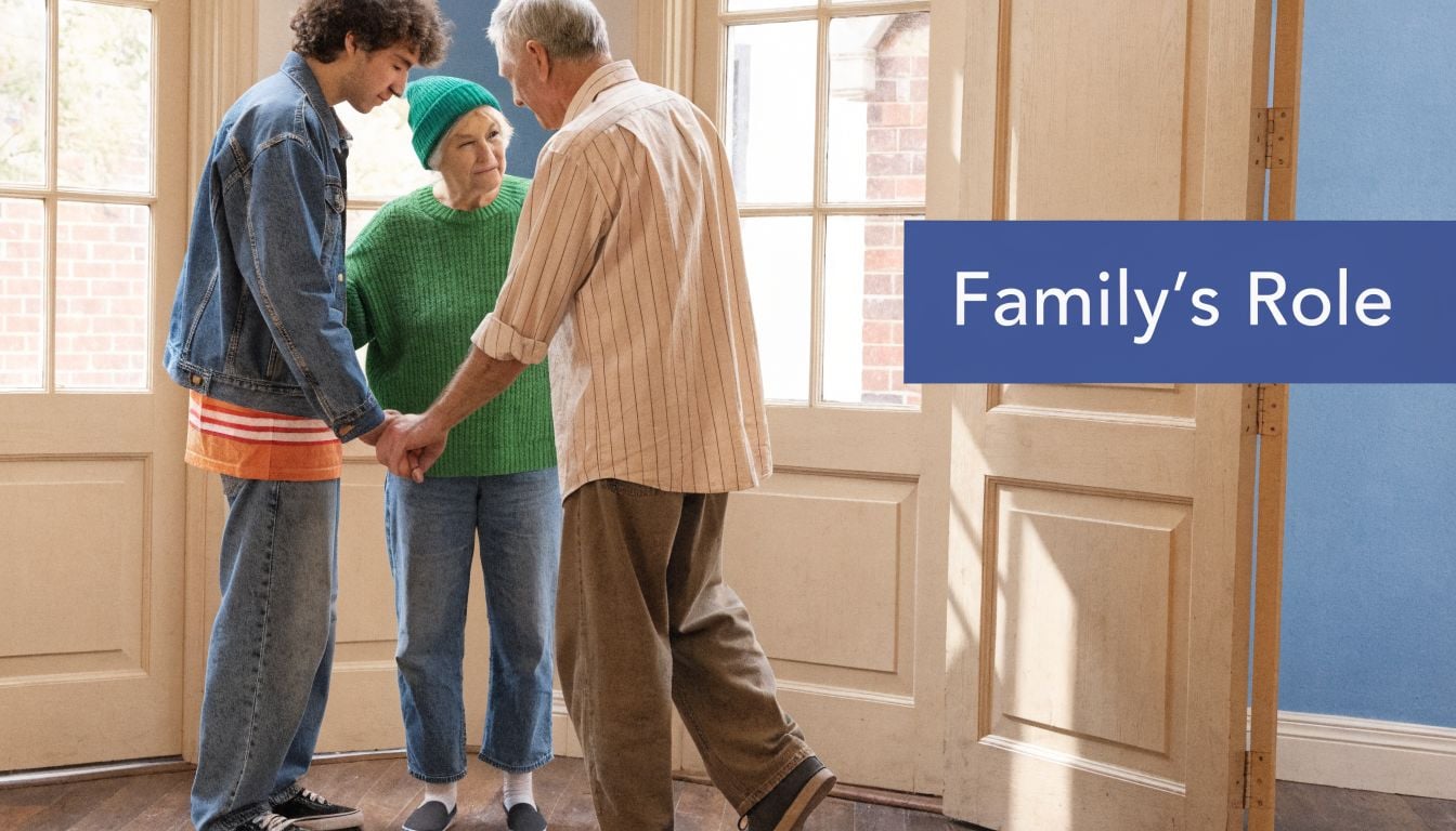 A young man holding hands with an elderly couple in a supportive family gathering.