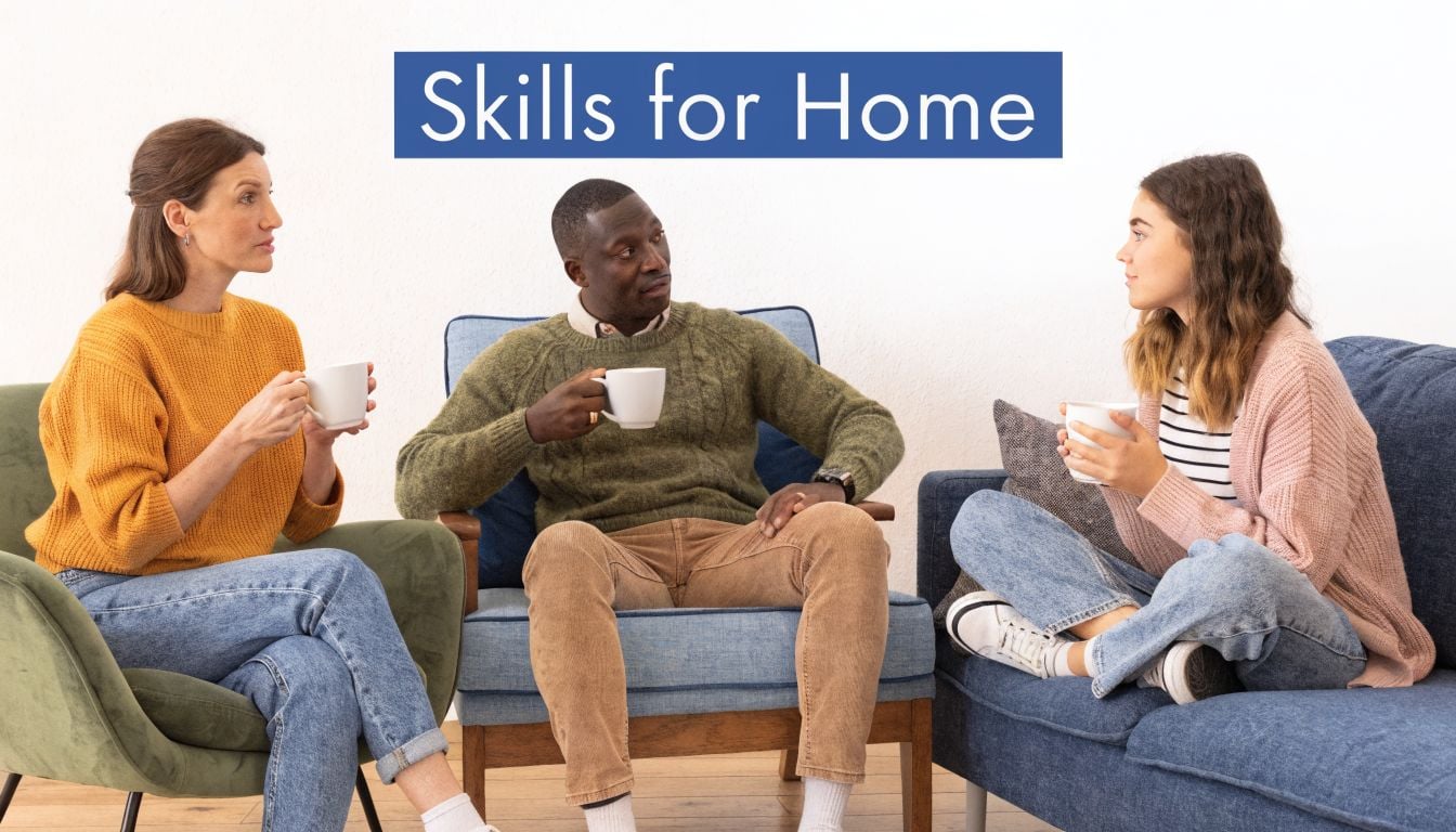 A diverse group of three people sitting on armchairs and sofas, having a discussion while holding mugs.