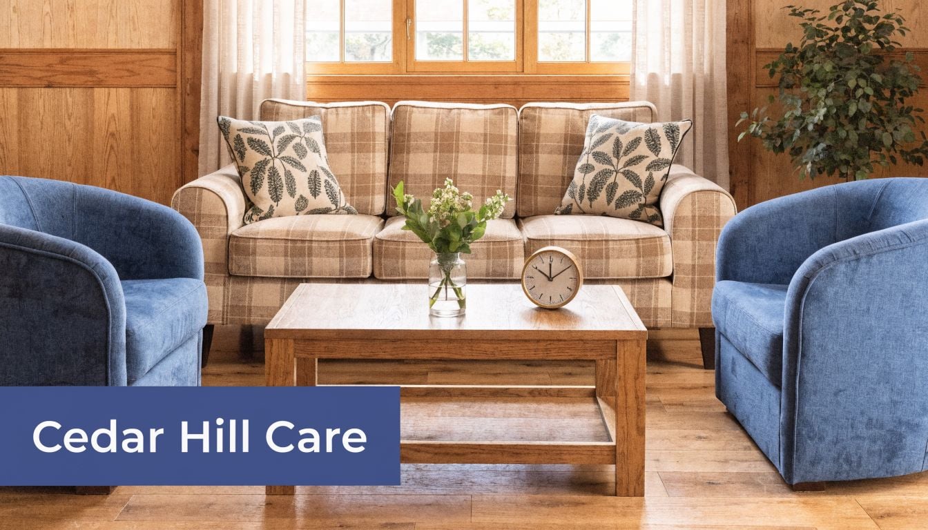 A cozy, sunlit living room featuring a plaid sofa, blue armchairs, and a wooden coffee table.