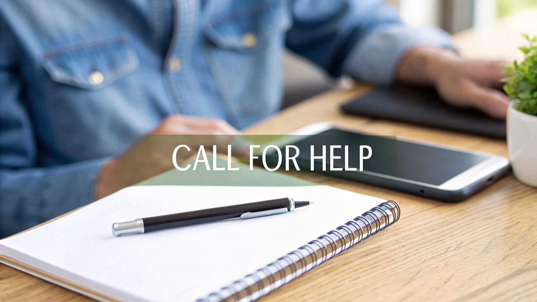A person at a desk with a notebook, pen, smartphone, and 'CALL FOR HELP' text overlay.
