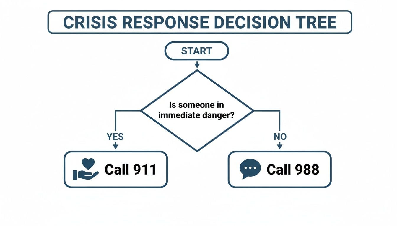 Crisis response decision tree flowchart, guiding to call 911 if in immediate danger, otherwise call 988.