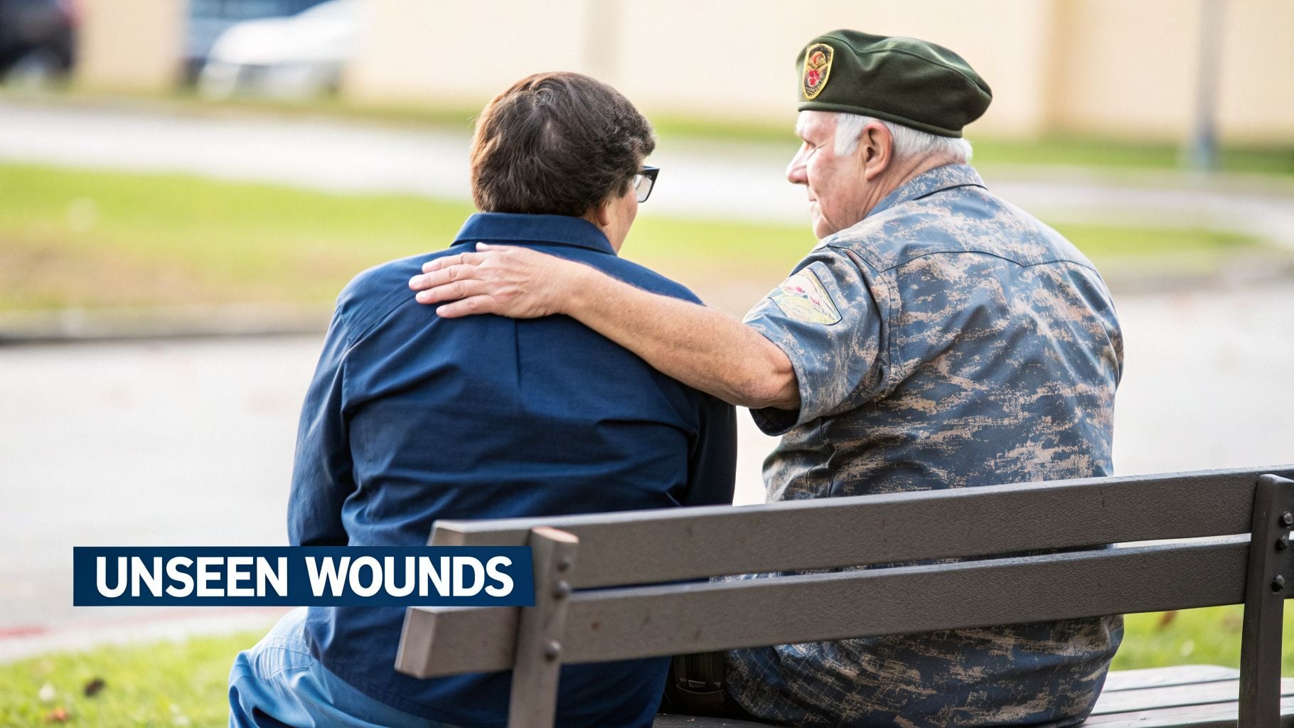 An older veteran in uniform comforts another man on a bench, symbolizing support for unseen wounds.