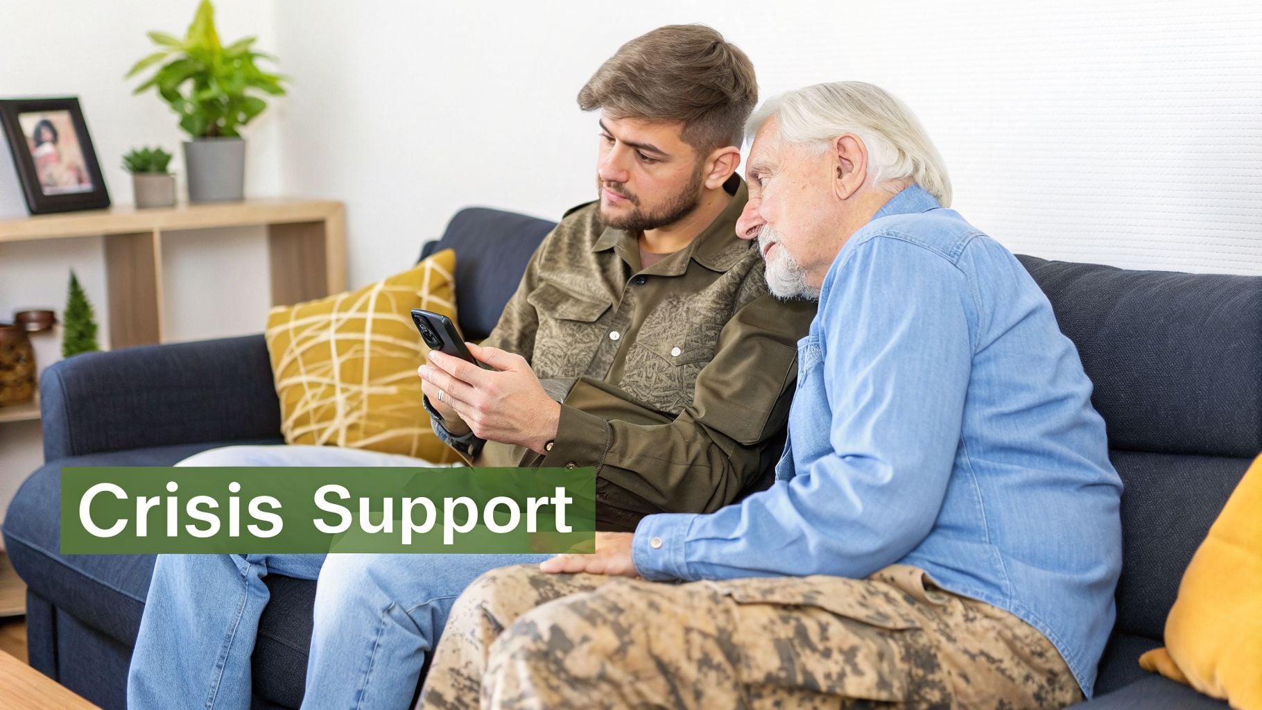 A caring young man shows a smartphone to an older veteran, offering crisis support on a couch.