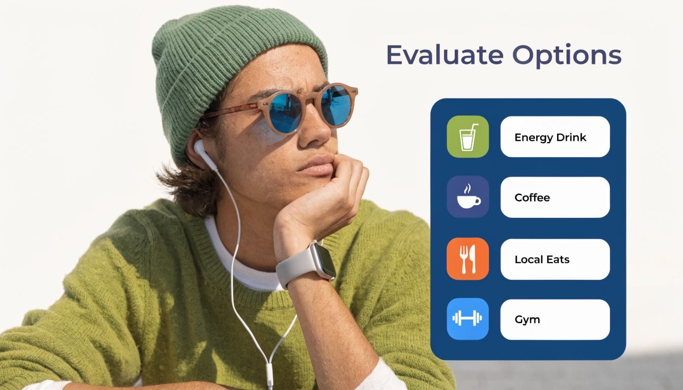 A person wearing a green beanie and sunglasses thoughtfully considering options like energy drinks, coffee, food, or exercise.
