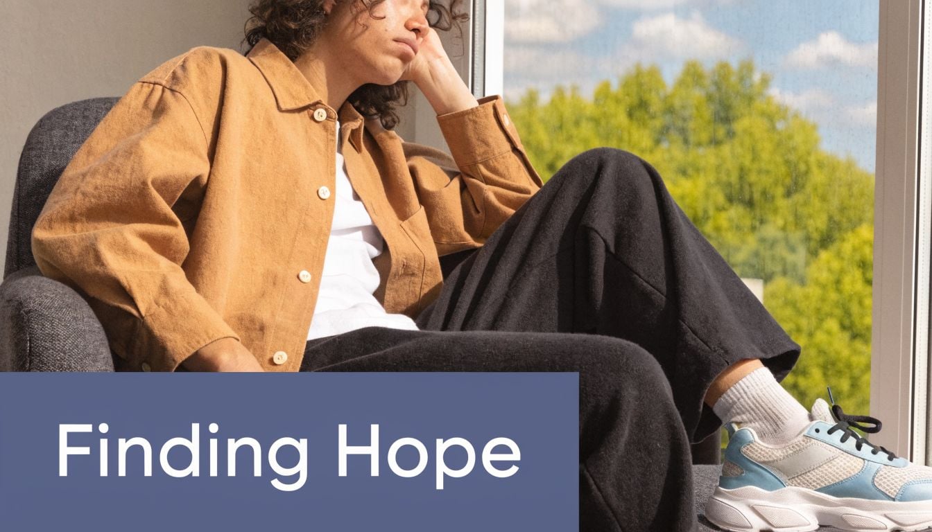 A person sitting by a window appearing thoughtful with the overlay text Finding Hope in the foreground.