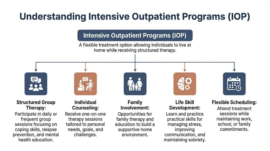 A flowchart explaining the key features of Intensive Outpatient Programs for addiction and mental health treatment.