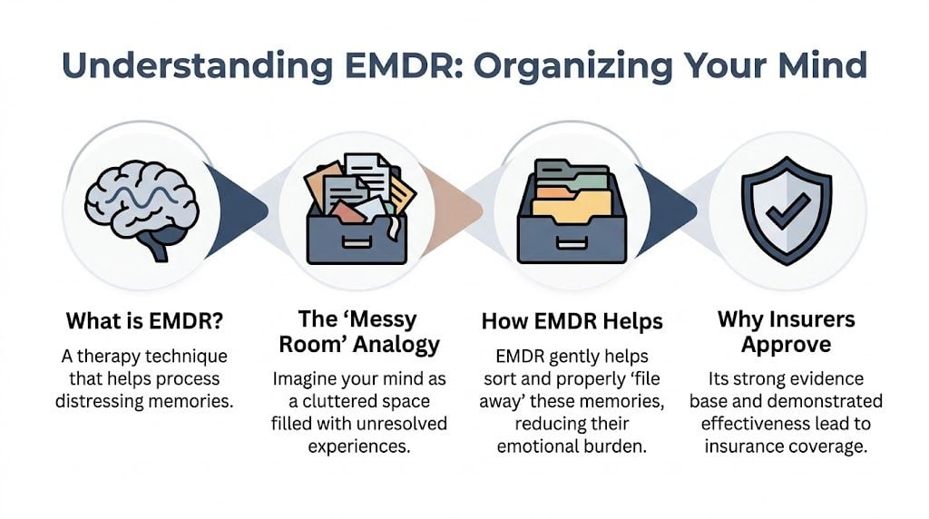 A flowchart explaining EMDR therapy as a process of organizing cluttered memories into orderly files for treatment.
