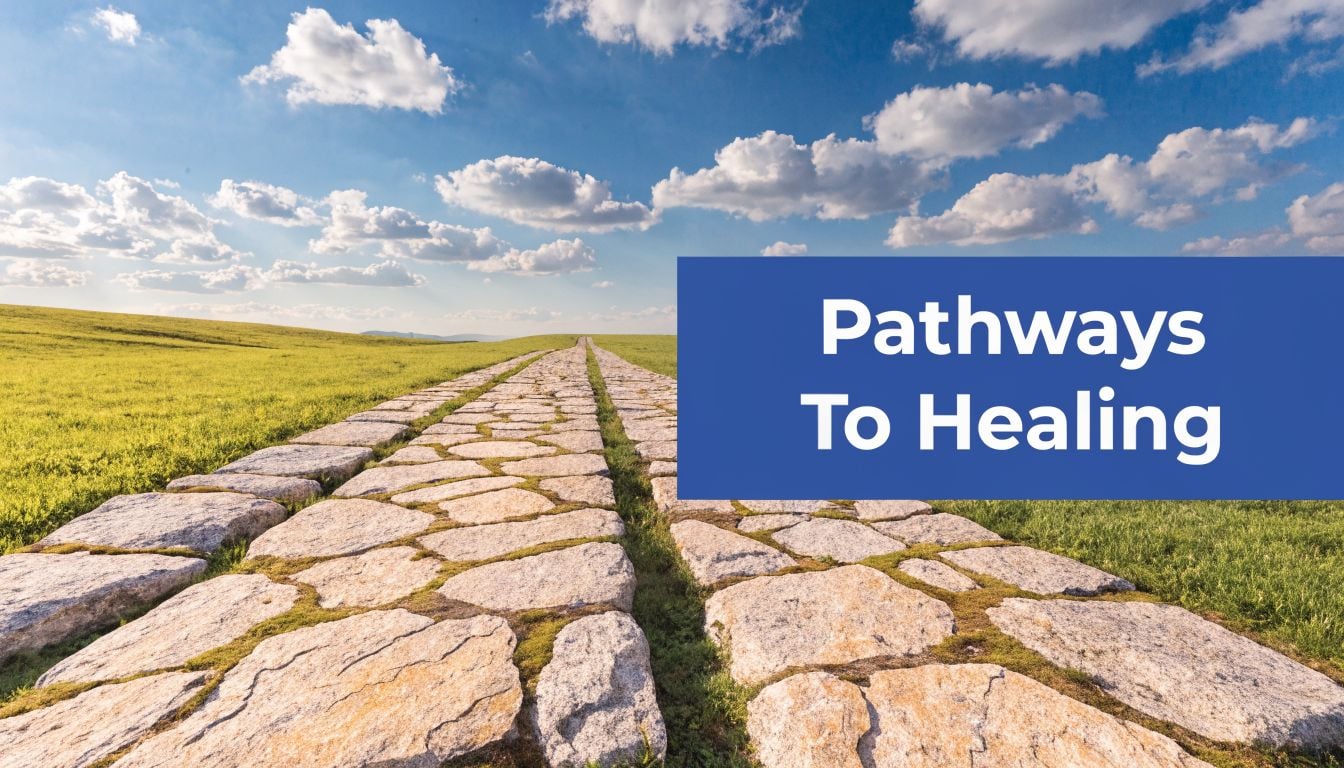 A scenic stone path leading through a vibrant green field under a clear blue sky with clouds.