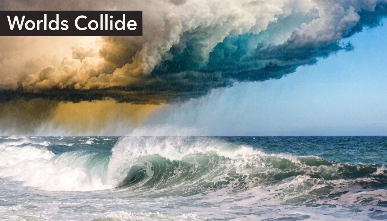 A dramatic storm cloud meets calm blue skies above a powerful, churning ocean wave.