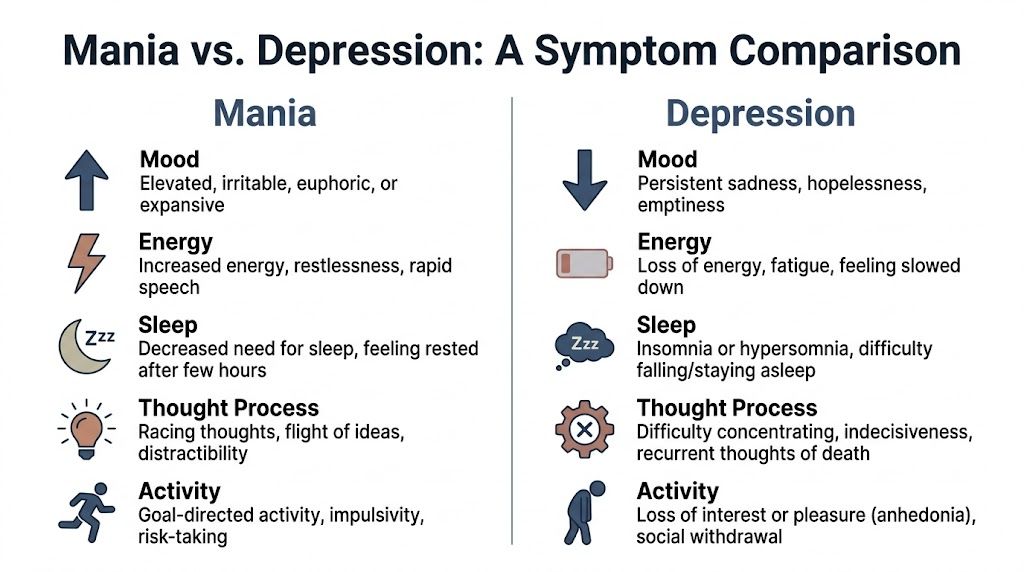 A comparison chart outlining the contrasting symptoms of mania and depression across mood, energy, sleep, thought, and activity.