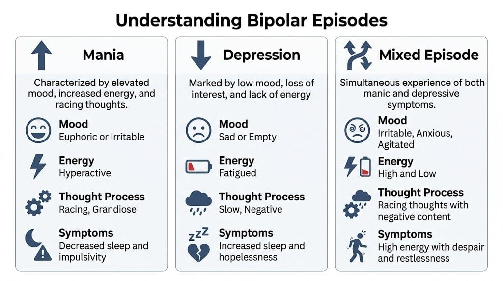 A chart illustrating the differences between mania, depression, and mixed episodes in bipolar disorder symptoms.
