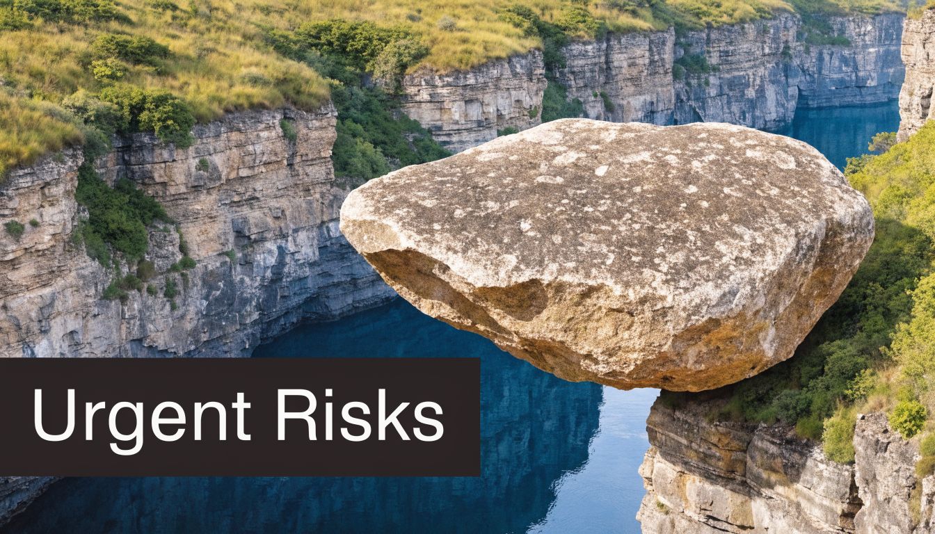 A large boulder precariously balanced on a cliff edge above a blue river with the text Urgent Risks.