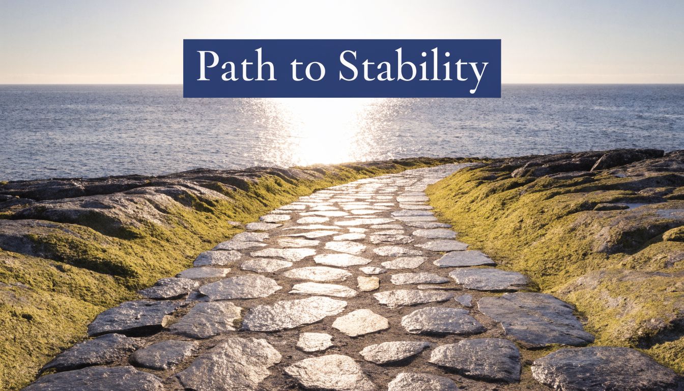 A scenic stone path leading towards the horizon over the ocean under a bright, glowing sky.