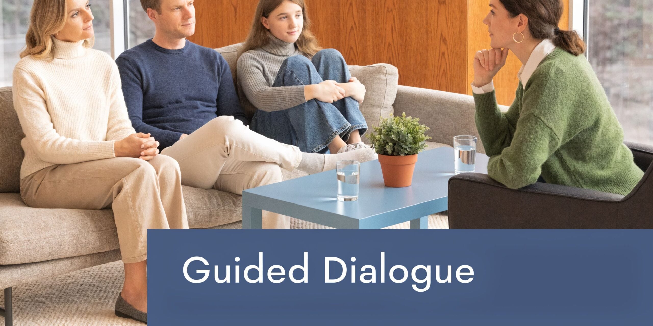A family sits on a sofa engaging in a session with a therapist during professional counseling.