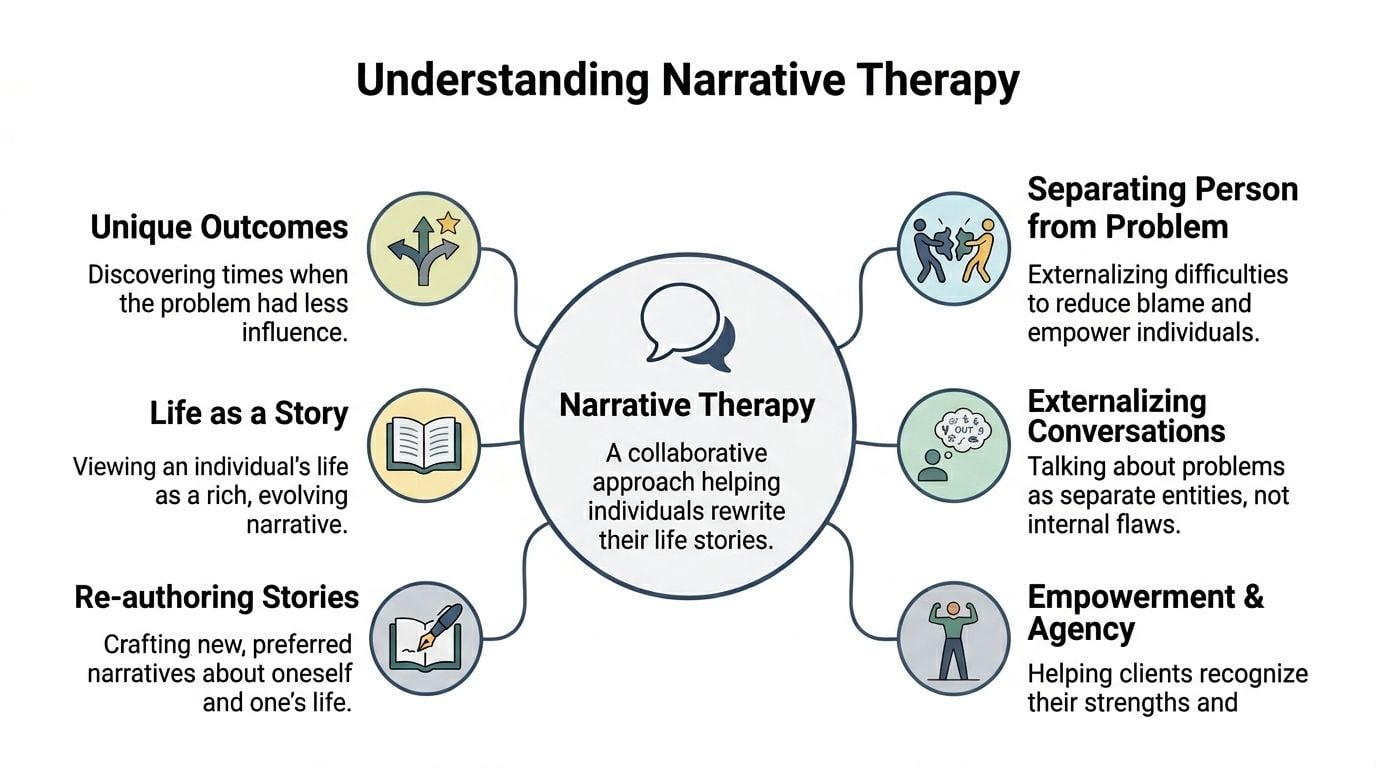 A diagram illustrating the core concepts of narrative therapy, including life stories, externalizing, and empowerment.