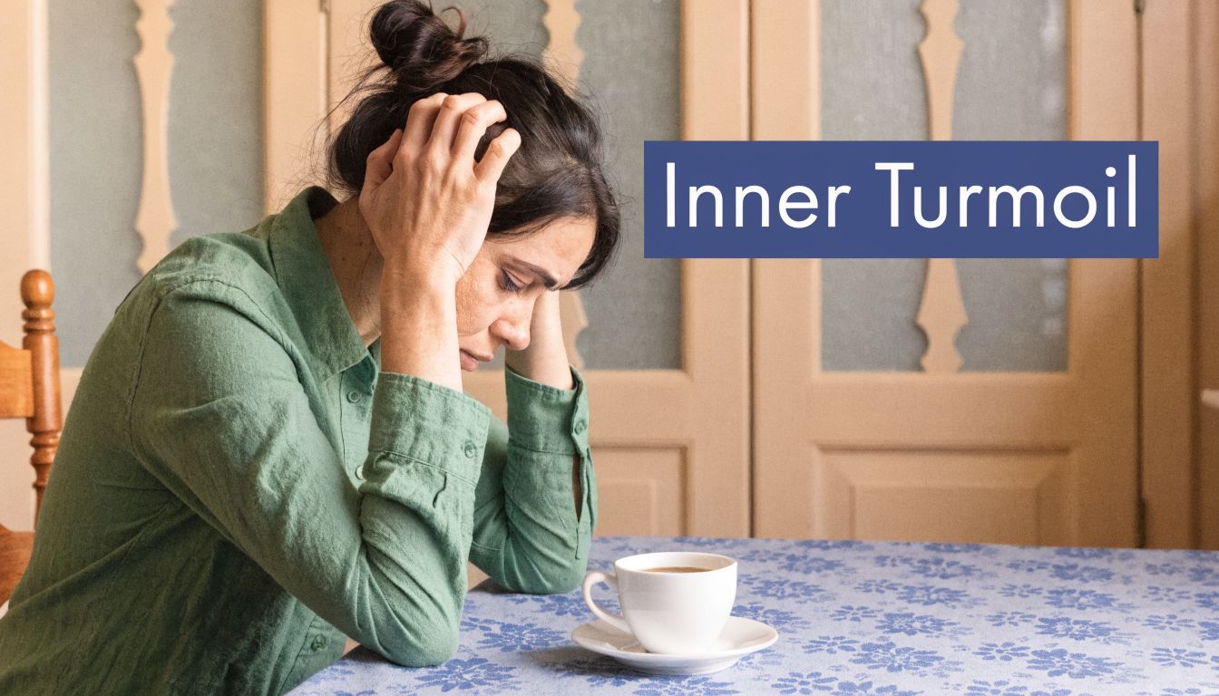 A distressed woman sitting at a table with her head in her hands, reflecting internal emotional pain.