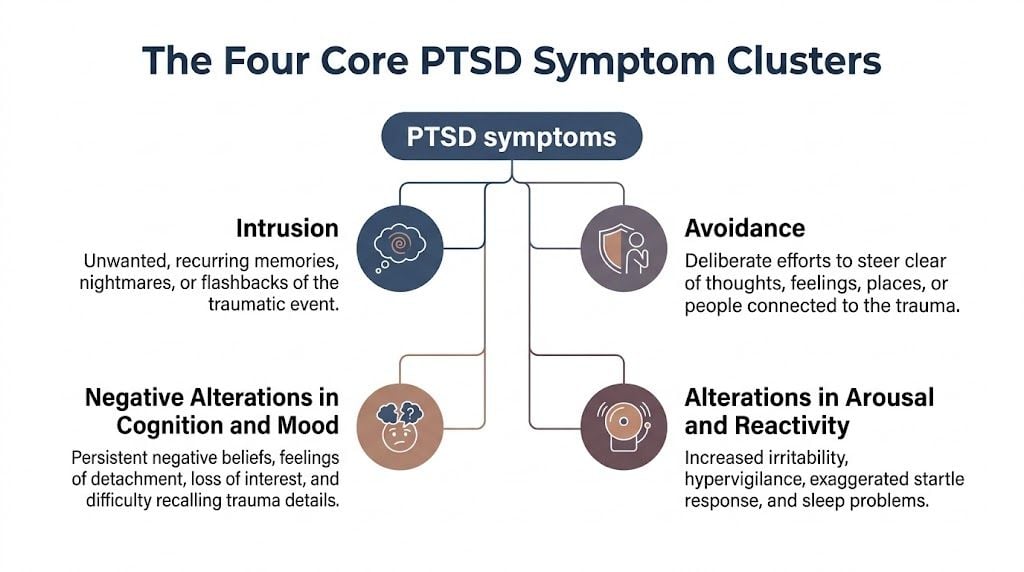 A diagram illustrating the four core symptom clusters of PTSD: Intrusion, Avoidance, Cognition and Mood, and Reactivity.