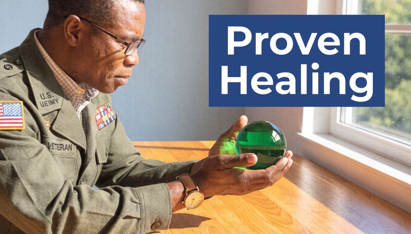 A veteran in uniform looks thoughtfully at a glowing green crystal ball in his hands.