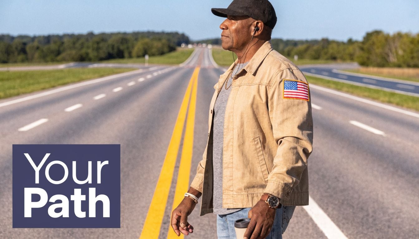 A veteran standing on an open road, reflecting on his journey toward mental wellness and recovery.
