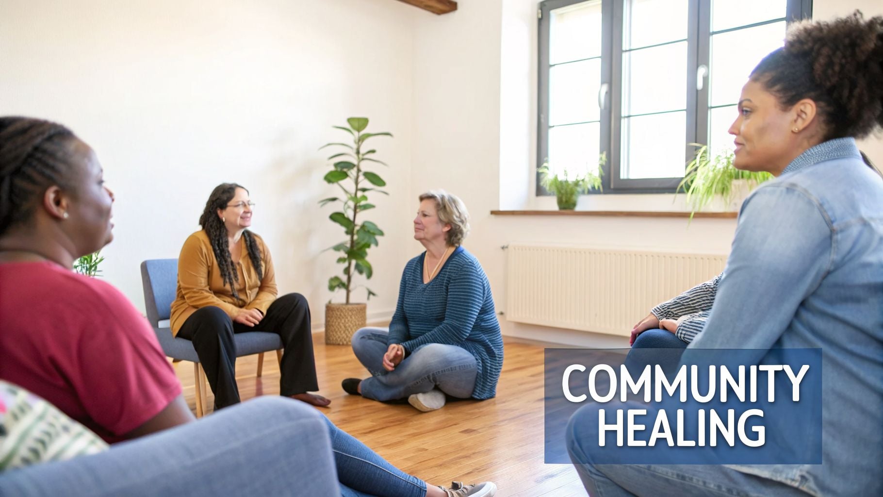 Diverse women sitting in a bright room, engaged in a community healing or group therapy session.