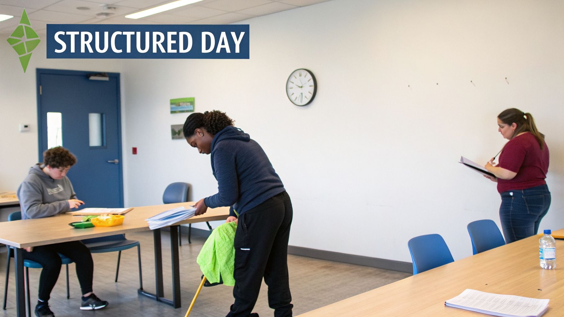 Three individuals participate in a structured day activity within a bright classroom.