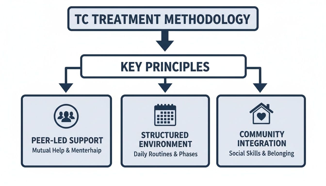 Flowchart illustrating TC Treatment Methodology and its three key principles: peer-led support, structured environment, community integration.