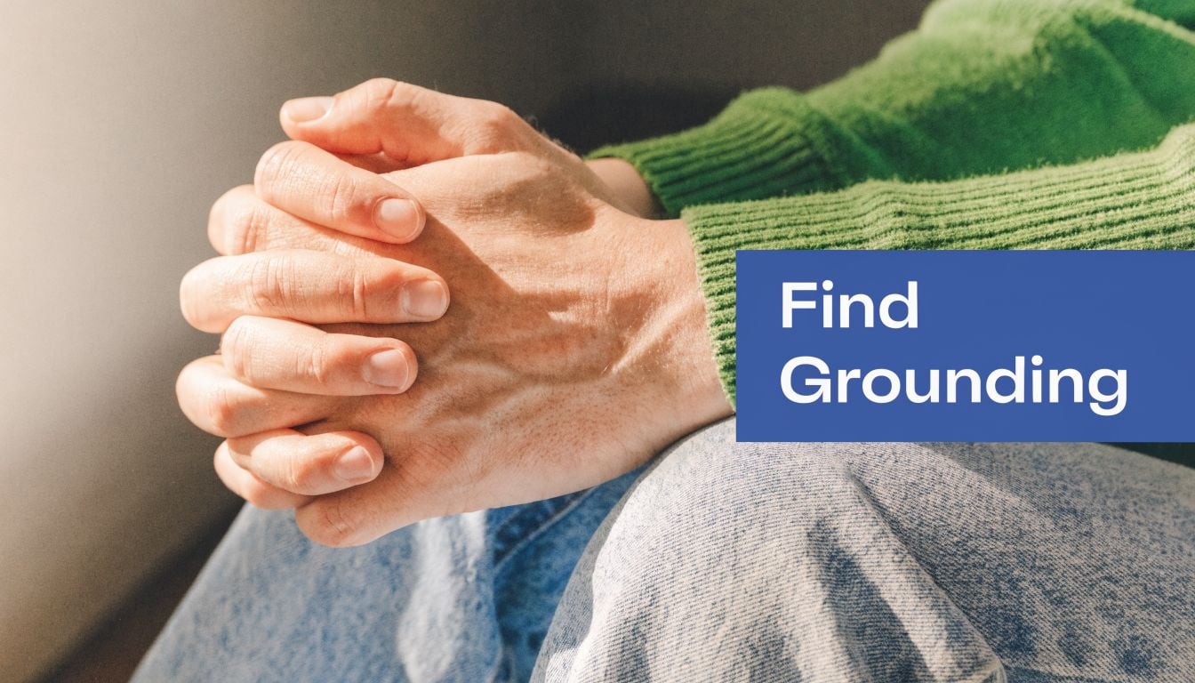 A close up view of person's clasped hands resting on their lap for comfort and mindfulness.