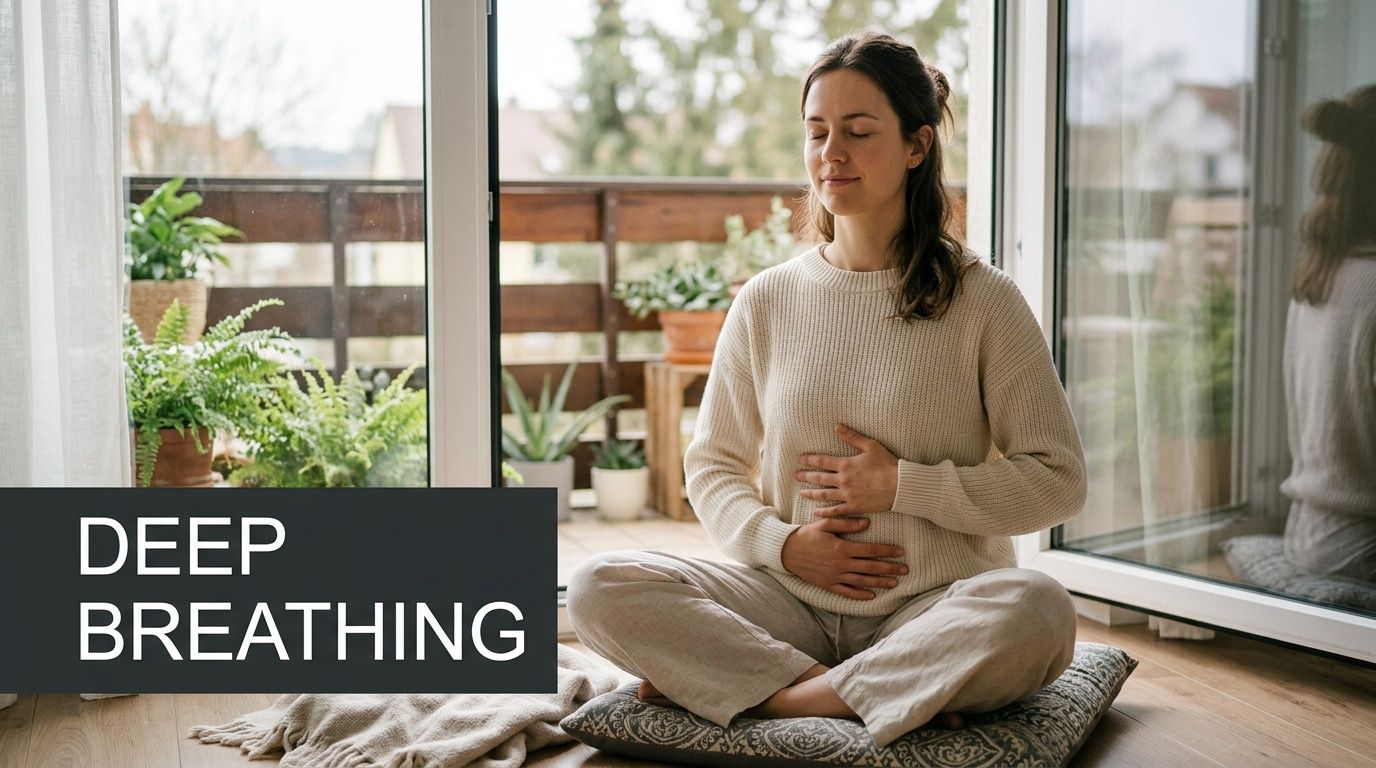 A young woman sits in a meditation pose, practicing deep belly breathing exercises for relaxation and stress management.