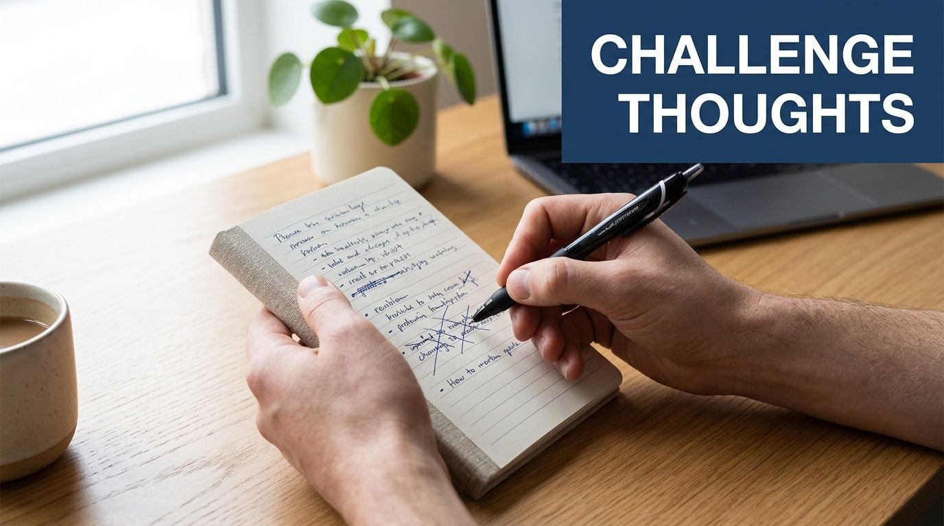 A person writing notes in a notebook at a desk with a plant and laptop.