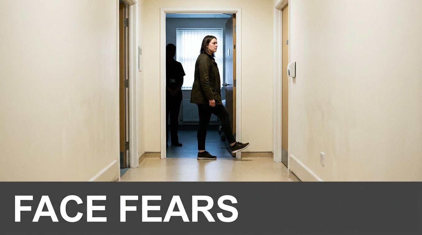 A woman confidently walking through a doorway in a clinical hallway, representing progress in mental health treatment.