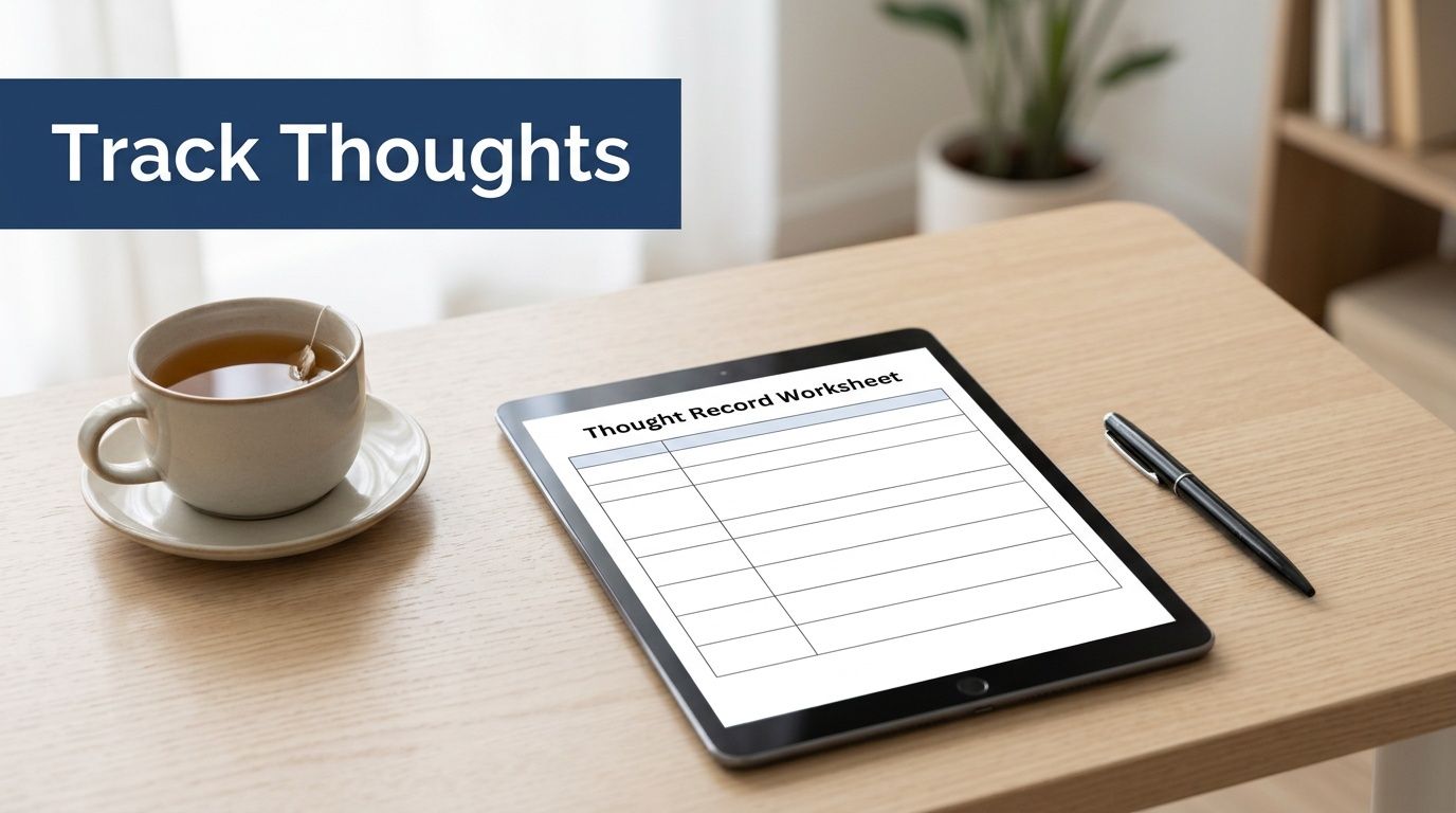 A digital tablet displaying a blank thought record worksheet on a wooden desk with a tea cup.