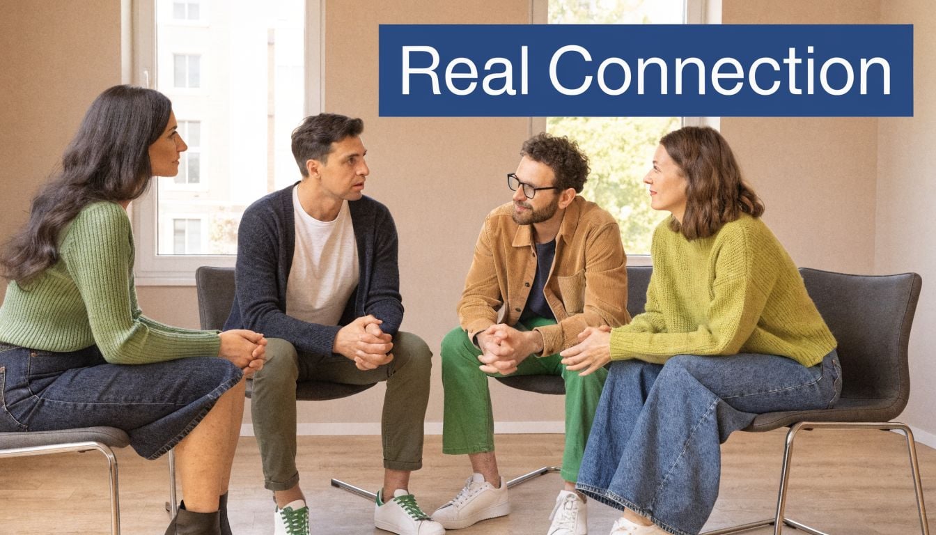 A diverse group of four people sitting in a circle during a supportive therapy session discussion.