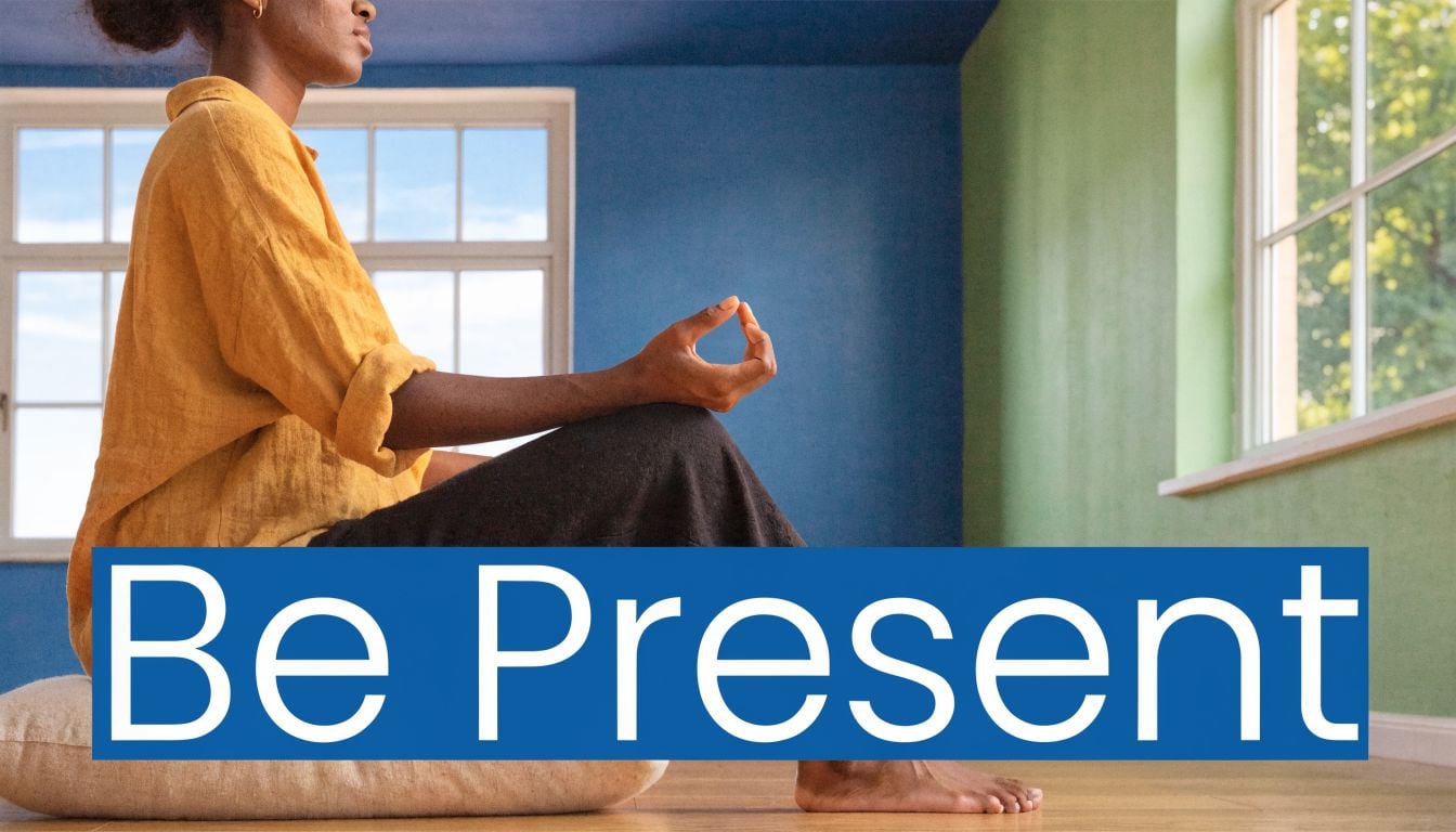 A person sitting on a cushion in a meditation pose in a bright, minimalist room.