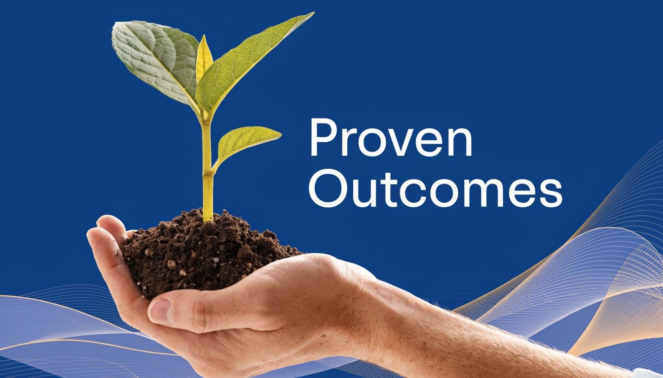 A hand holds a small plant growing from a mound of soil against a blue background.