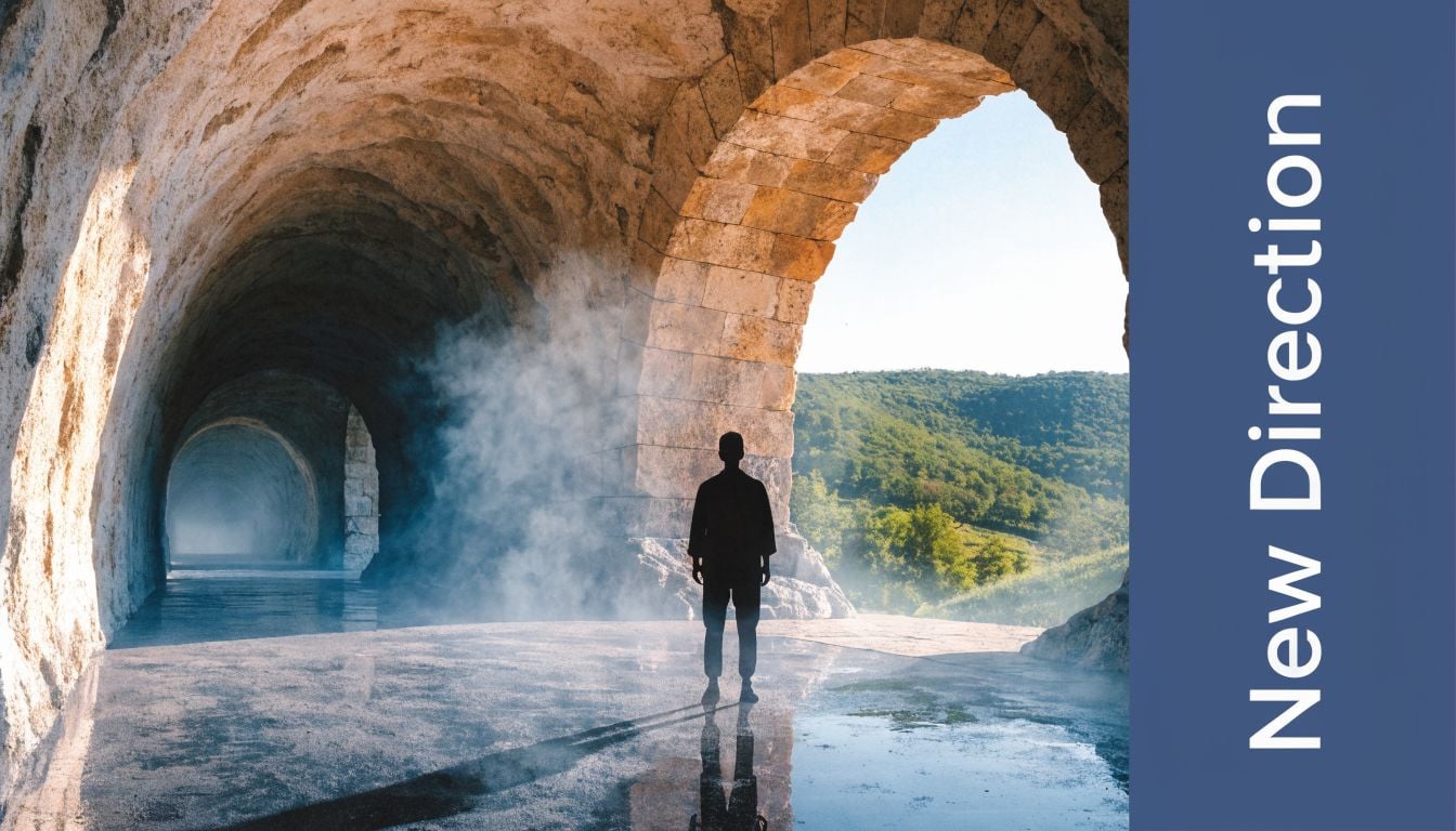 A silhouette of a person standing at the entrance of a stone tunnel looking toward a landscape.