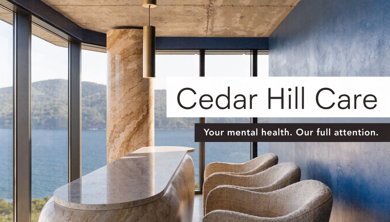 A modern, serene therapy office interior with panoramic ocean views and plush chairs, labeled Cedar Hill Care.