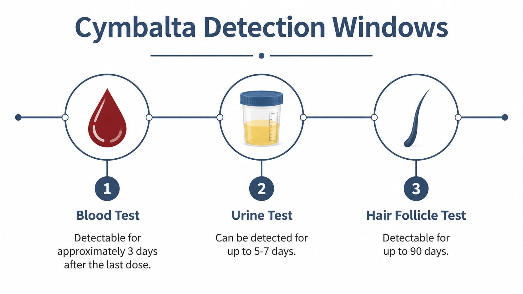 An infographic showing the detection windows of Cymbalta in blood, urine, and hair follicle drug tests.