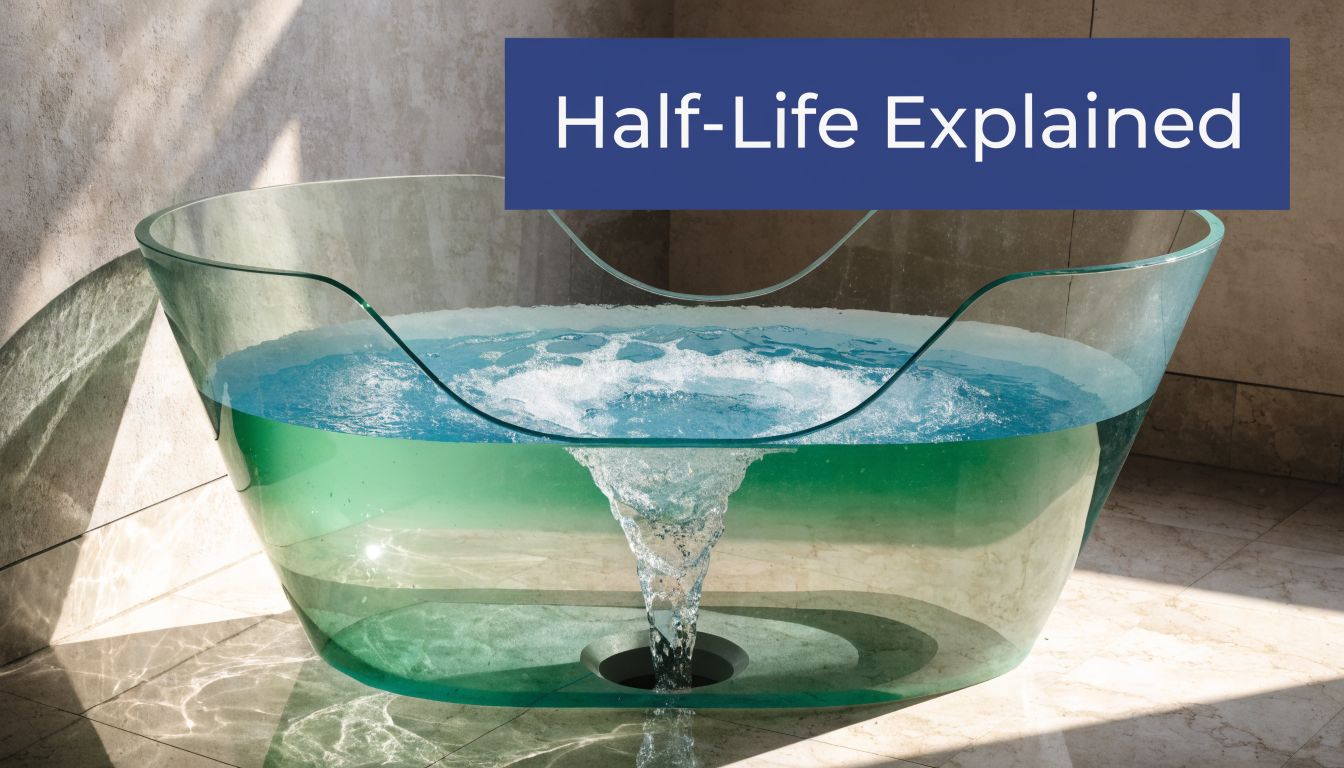 A transparent glass bathtub filled with blue water creating a whirlpool effect as it drains out.