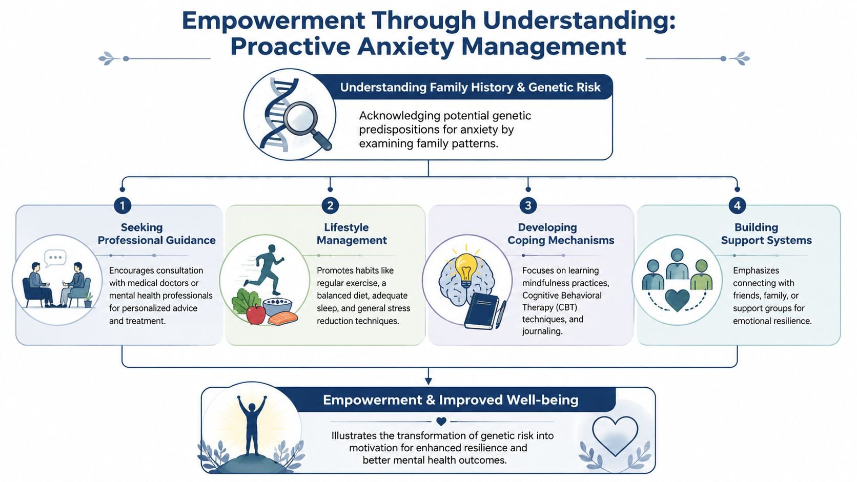 An infographic titled Empowerment Through Understanding showing four proactive steps for managing anxiety, including professional guidance and lifestyle changes.
