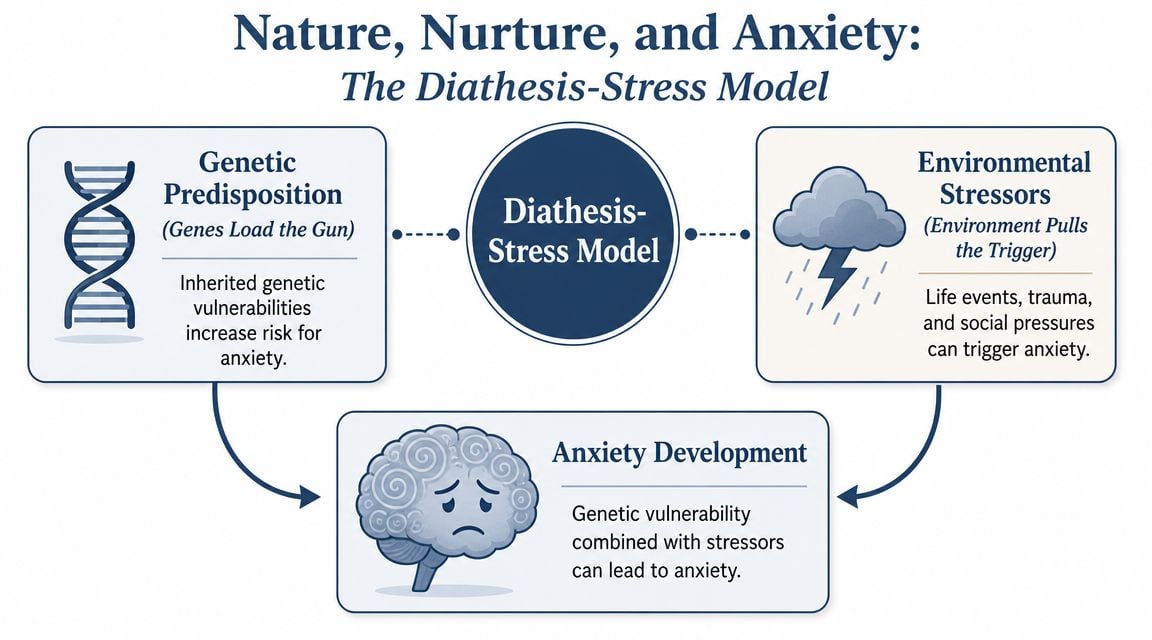 A diagram illustrating the Diathesis-Stress model of anxiety involving genetic predisposition and environmental stressors.