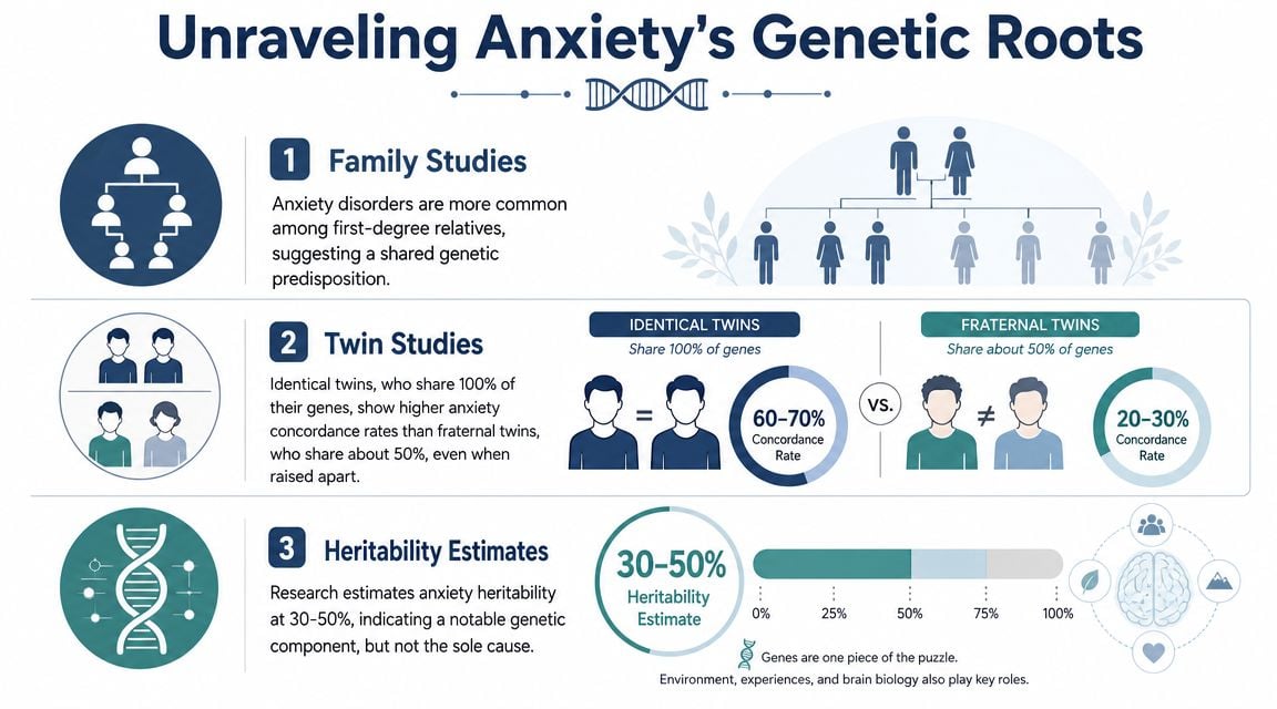 An infographic titled Unraveling Anxiety's Genetic Roots explaining family studies, twin studies, and heritability estimates for anxiety.