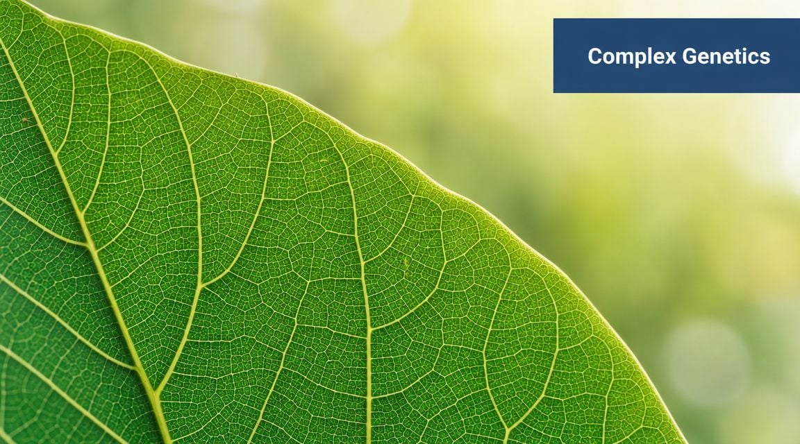 A close-up view of a green leaf with intricate veins and the text Complex Genetics overlayed.