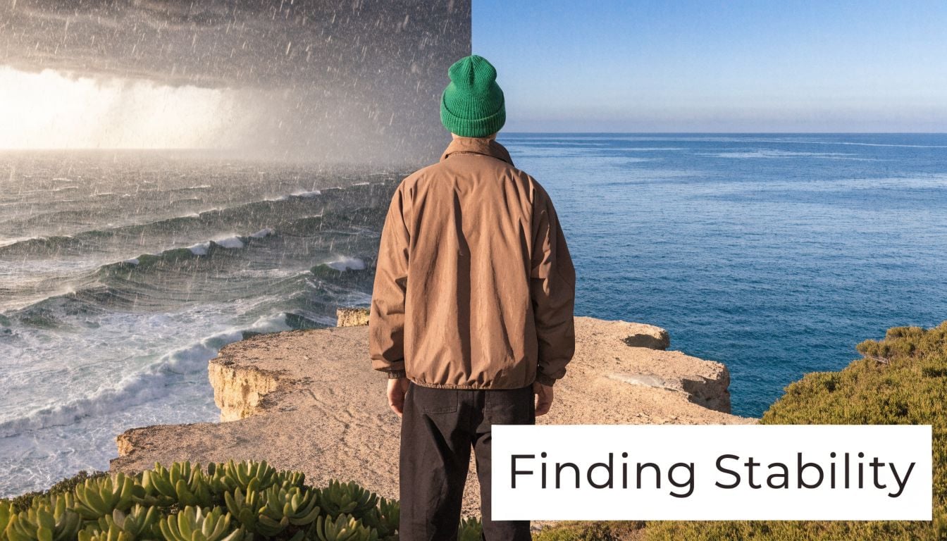 A person in a green beanie stands on a cliff between a stormy sea and calm ocean.
